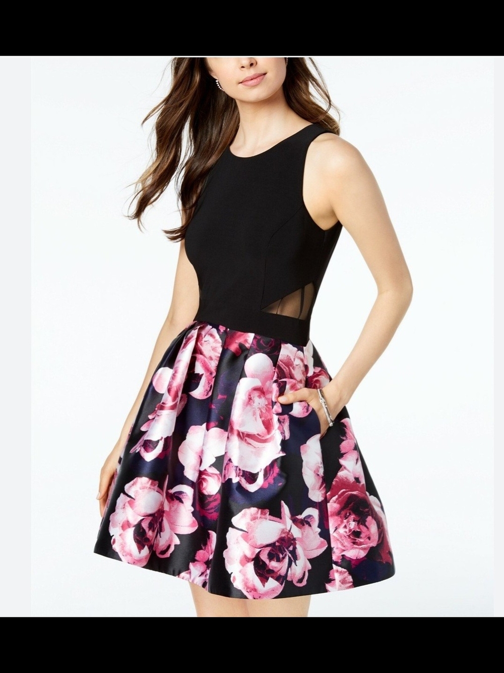 Xscape Black Bodice with Pink Floral Fit-and-Flare Mini Dress
